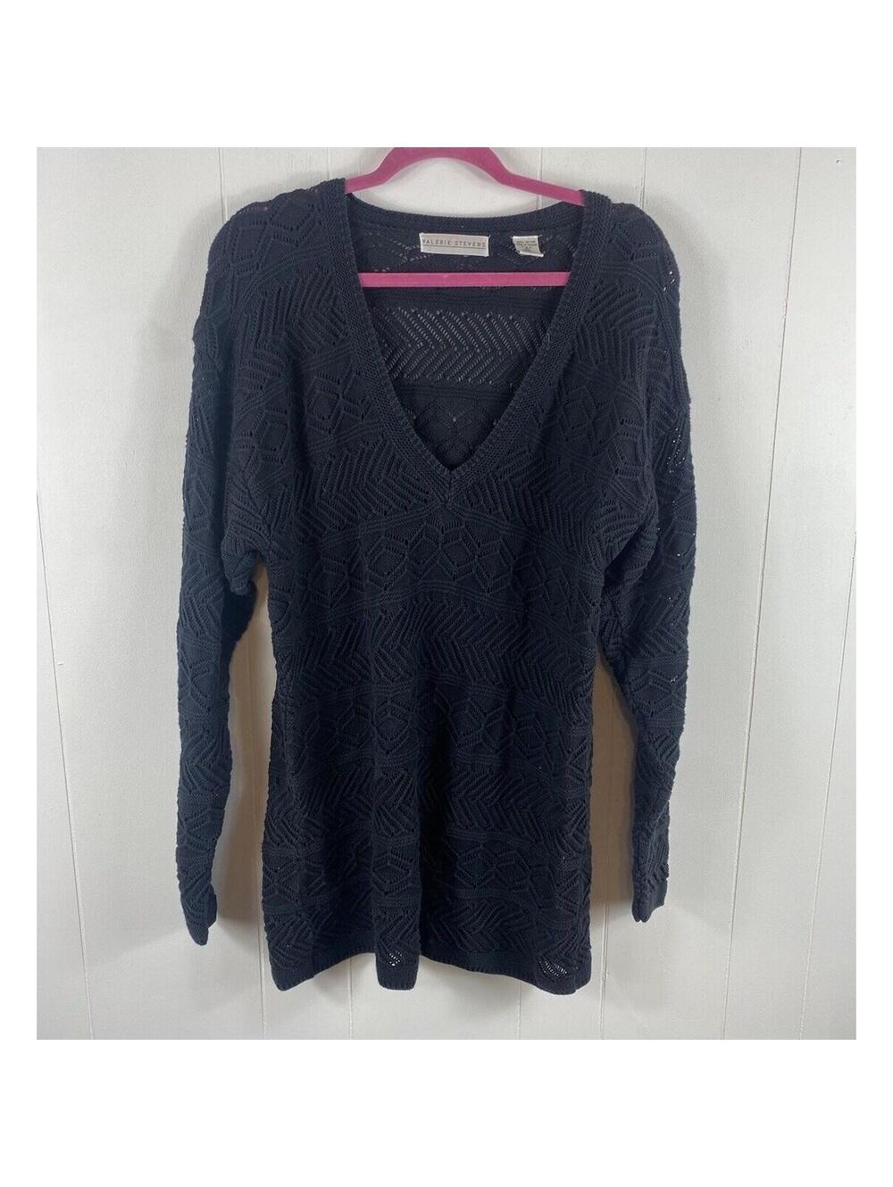 VALERIE STEVENS BLACK V-NECK LONG SLEEVES CABLE KNIT SWEATER Tunic L Whimsigoth